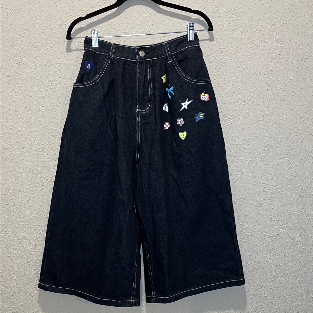Aelfric Eden Black Wide Leg Cropped Jeans with Colorful Patches